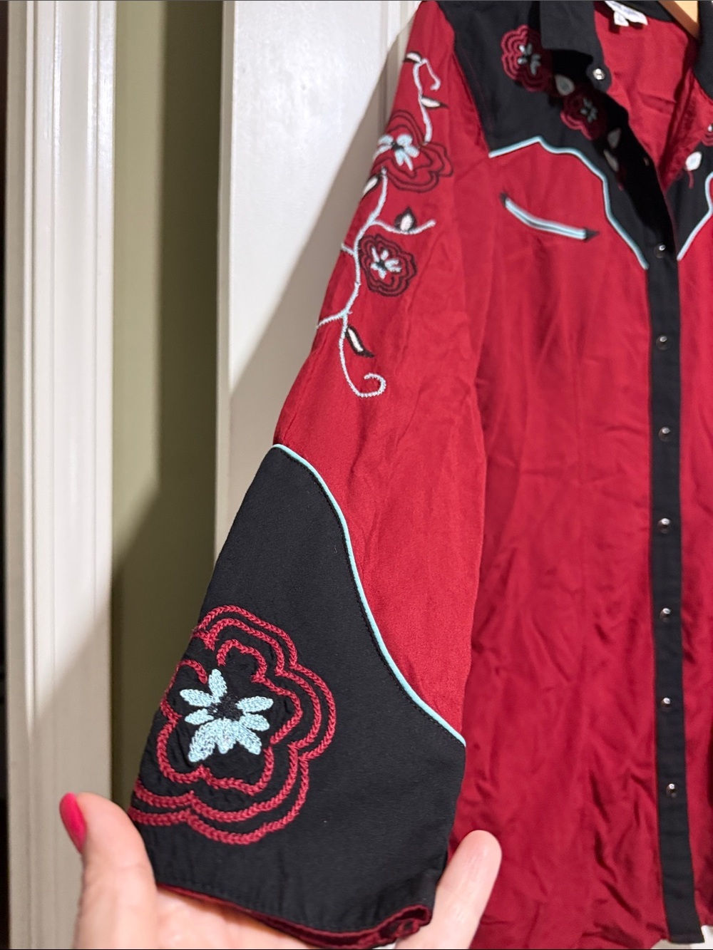 Embroidered Red Western Shirt Dress with Black Yoke embroidered rodeo - Picture 8 of 11